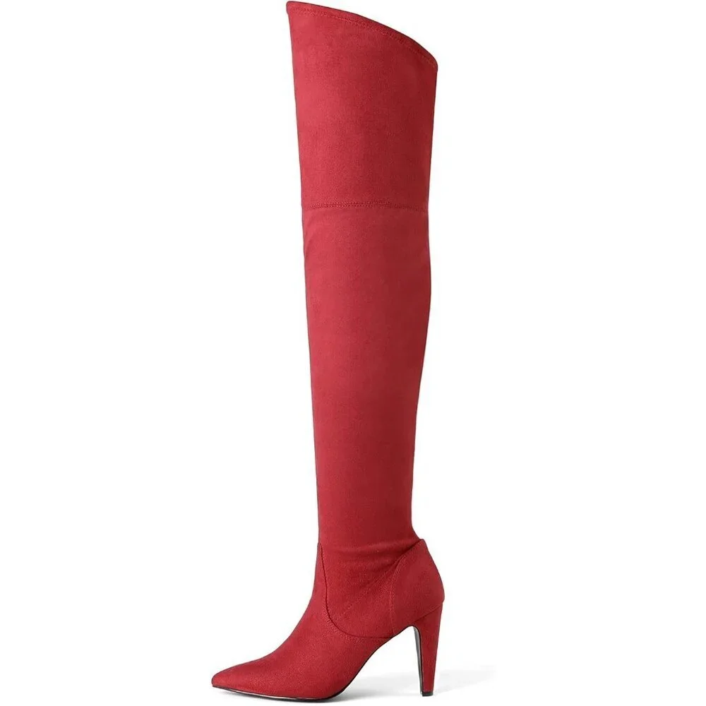 Women's Red/Suede Faux Leather Thigh High Over The Knee Long Pointed Toe Boots